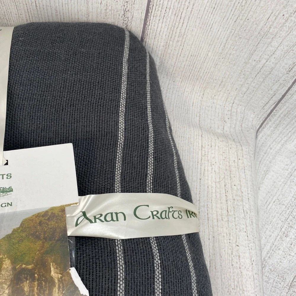 Aran Crafts Wool Throw Blanket Charcoal Gray Striped Fringed Ireland Natural